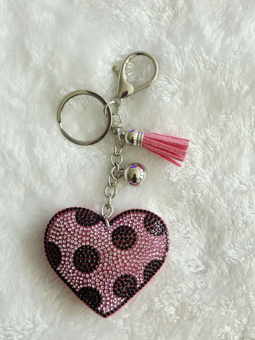 Pink Polka Dot Heart Keychain with Tassel Bling Bag Charm